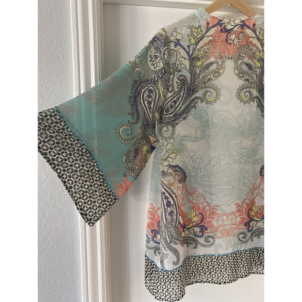 Soft Surroundings Muse Printed Kimono‎ Small Sheer Pastels Sequined 3/4 Sleeve S - Picture 7 of 7